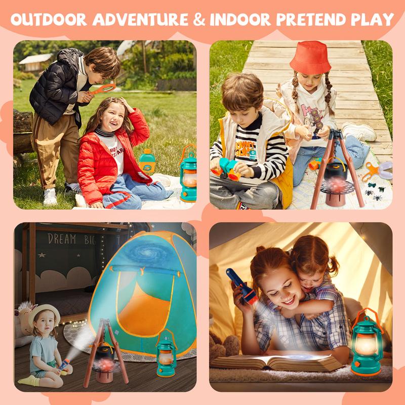 Qtioucp Kids Camping Set 50pcs with Tent & Space Projector Flashlight- Outdoor Campfire Toy Set for Toddlers Kids - Pretend Play Camp Gear Tools for Birthday Christmas for Kids