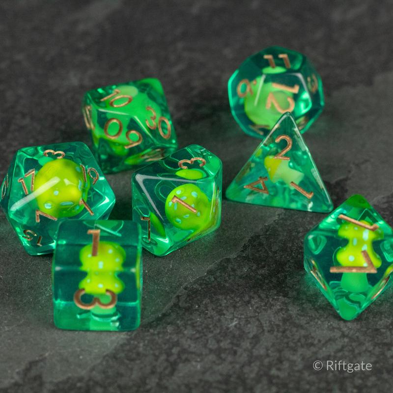 Yellow + Green Mushroom Inclusion DnD Dice Set - Dice for Dungeons and Dragons, D&D Dice, RPG Dice