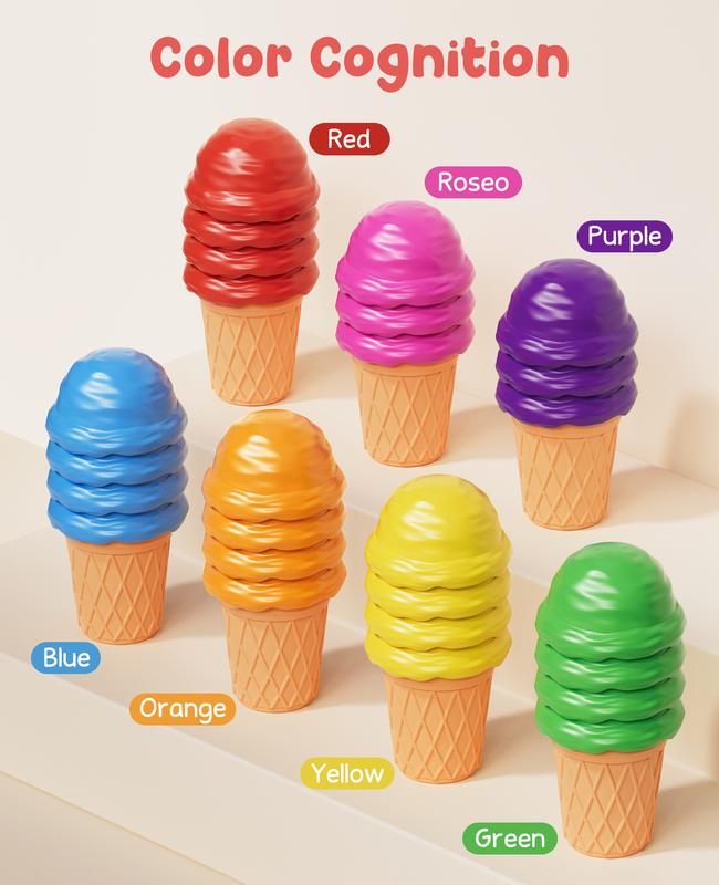 JoyCat Ice Cream Preschool Learning Activities Counting and Color Sorting Set Stacking Toys, Montessori Stacking Fine Motor Skills Toys