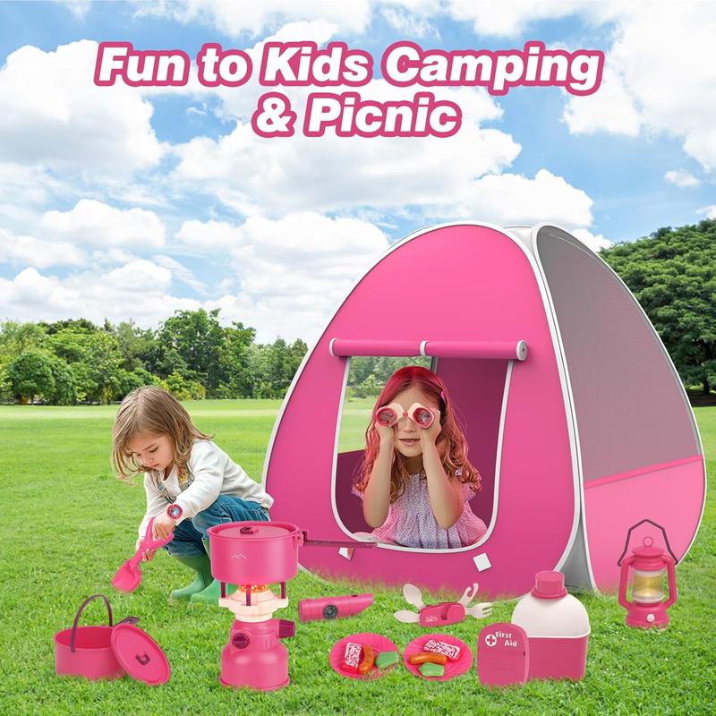 Kids Camping Set with Tent - Pop Up Tent, Kids Play Tent Outdoor Toys Camping Tools Set Gift for Girls Age 3 4 5 6 Year Old Birthday Christmas