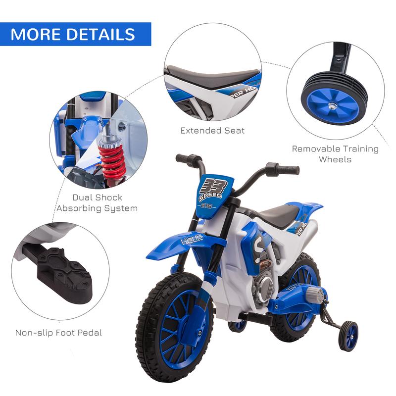 Aosom 12V Kids Motorcycle, Electric Motor Bike, Battery-Powered Ride-On Toy with Charging Battery, Training Wheels, Blue