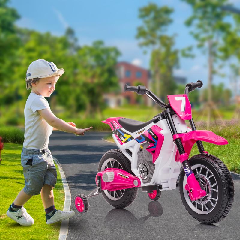 12V 7AH Kids Ride On Motorcycle, Rechargeable Battery Powered Electric Dirt Bike, Off-Road Street Bike with Training Wheels, Spring Suspension, High Low Speeds, Built-in Music, Rose Pink