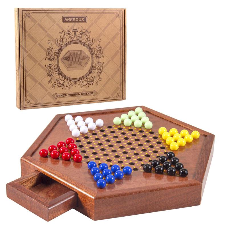 AMEROUS 12.5 inches Wooden Chinese Checkers Set with Storage Drawer - 60 Acrylic Marbles in 6 Colors - 12 BONUS Spare Marbles, Classic Strategy Family Board Game for Kids and Adults