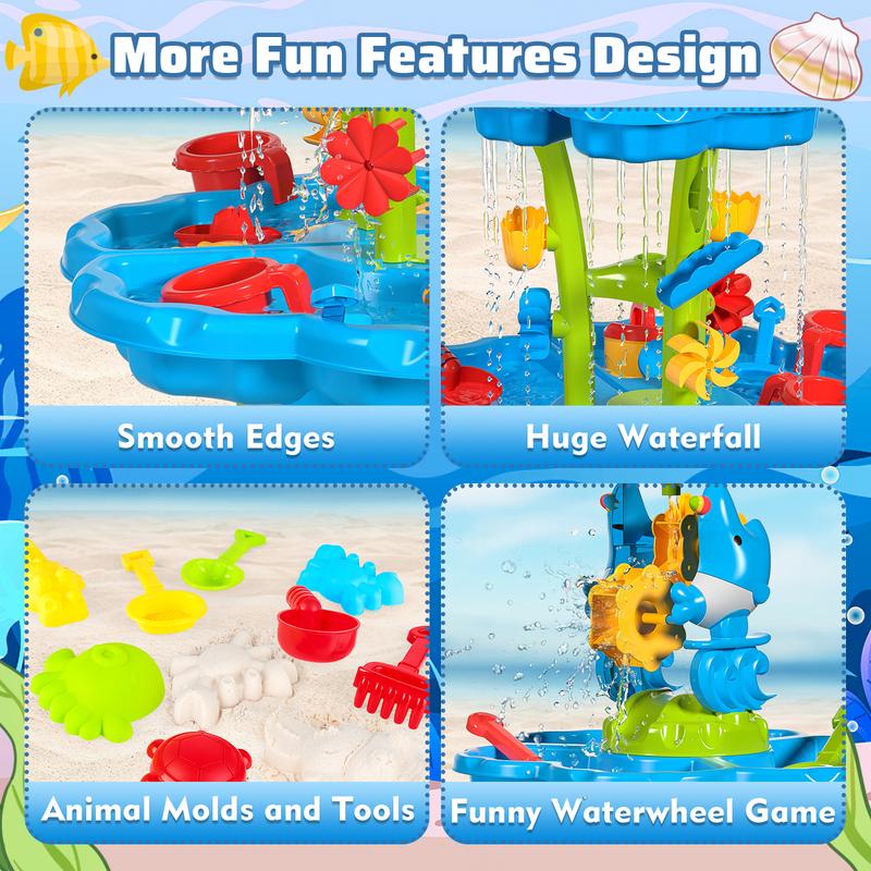 deAO 2-Tier Sand and Water Table Beach Summer Toys Sandbox Table Outdoor Activity Sensory Play Table with Dolphin Water Wheel, Molds,Sand Water Toys for Outdoor Backyard