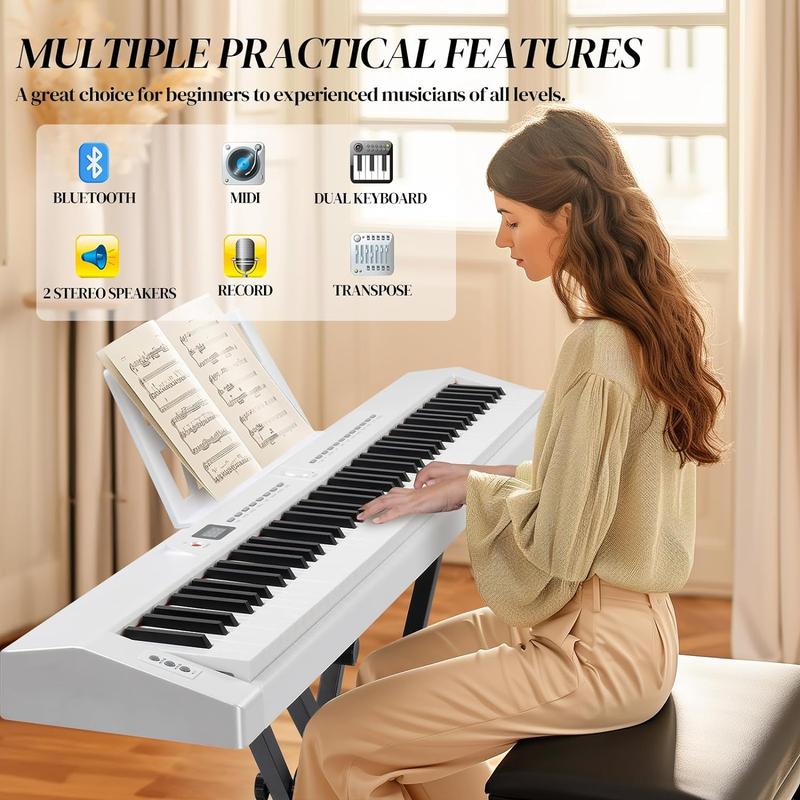 Ktaxon 88 Key Piano Keyboard Semi-Weighted Electric Piano, Portable Keyboard Piano with Stable Piano Stand, Portable Carry Bag, 2 Headphone Jacks, Bluetooth, MIDI, 200 Rhythms and 200 Tones(White)