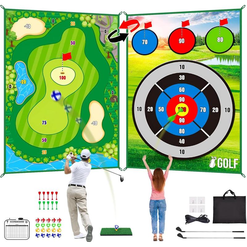 Golf Chipping & Dart Game Mat Set with Two Clubs, 6Ft x 4Ft Double-Sided Training Mat featuring 20 Sticky Balls and 10 Darts, Indoor Outdoor Game for Adults and Kids.