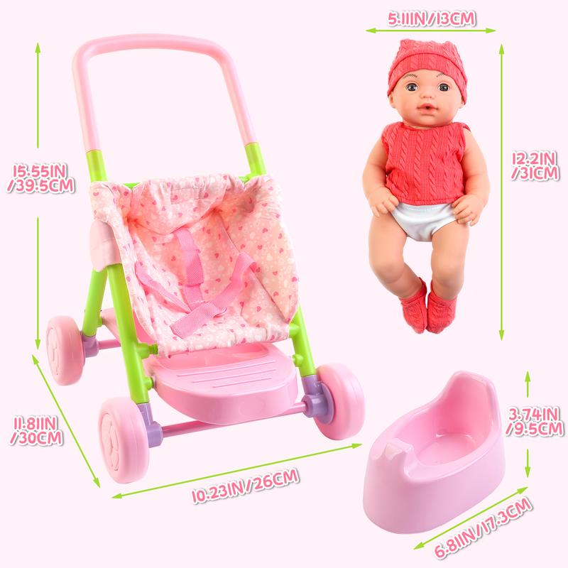 deAO Doll Stroller Set Doll Playset with Smooth Rolling 11Pcs Doll Feeding Accessories -12 Inch Doll Set,Great Nurturing Pretend Toy