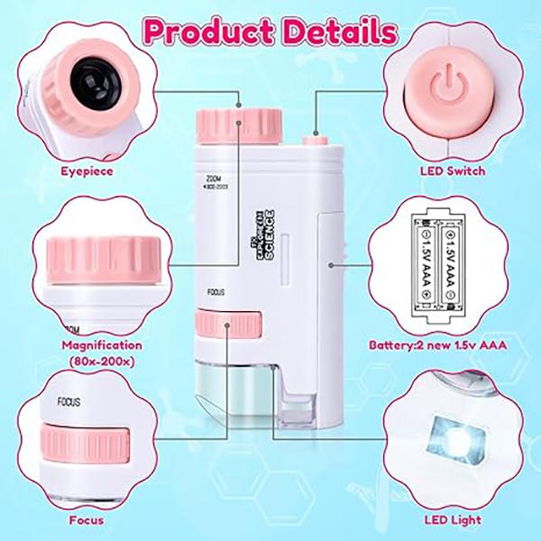 Portable Educational Microscope Science Kits for Kids Gifts for 5 6 7 8 Year Old Girls Birthday Toys Gifts Kids Microscope for Age 4-10 Boys Kids