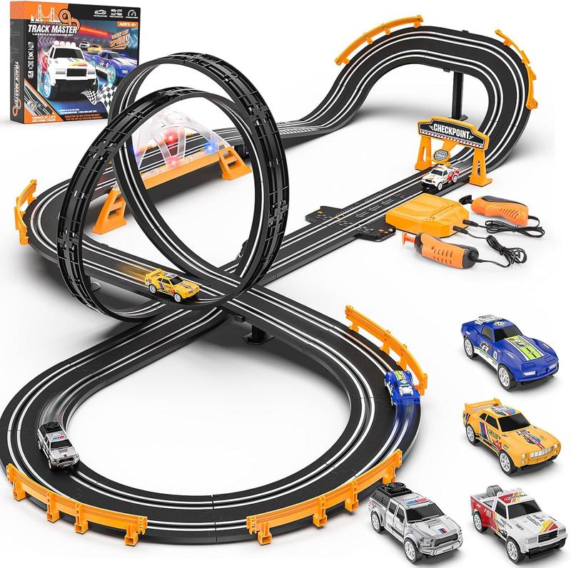 Slot Car Race Track Sets with 4 Slot Cars, Electric Race Car Track Include Slope Circular Overpass Track, Dual Racing Game Featuring Flash Bridge and Pendulum, Gifts Toys for Boys Kids Age 6 7 8-12