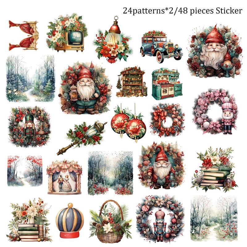 Christmas Themed DIY Writing Junk Set, 60pcs set Holiday Party Scrapbooking Supplies, DIY Crafts, Christmas Decoration, Background Pad [12 Paper Cards & 48 Stickers]