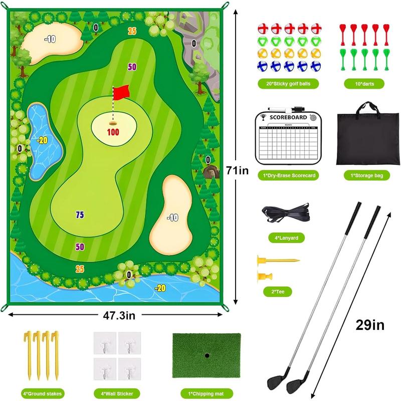 Golf Chipping & Dart Game Mat Set with Two Clubs, 6Ft x 4Ft Double-Sided Training Mat featuring 20 Sticky Balls and 10 Darts, Indoor Outdoor Game for Adults and Kids.