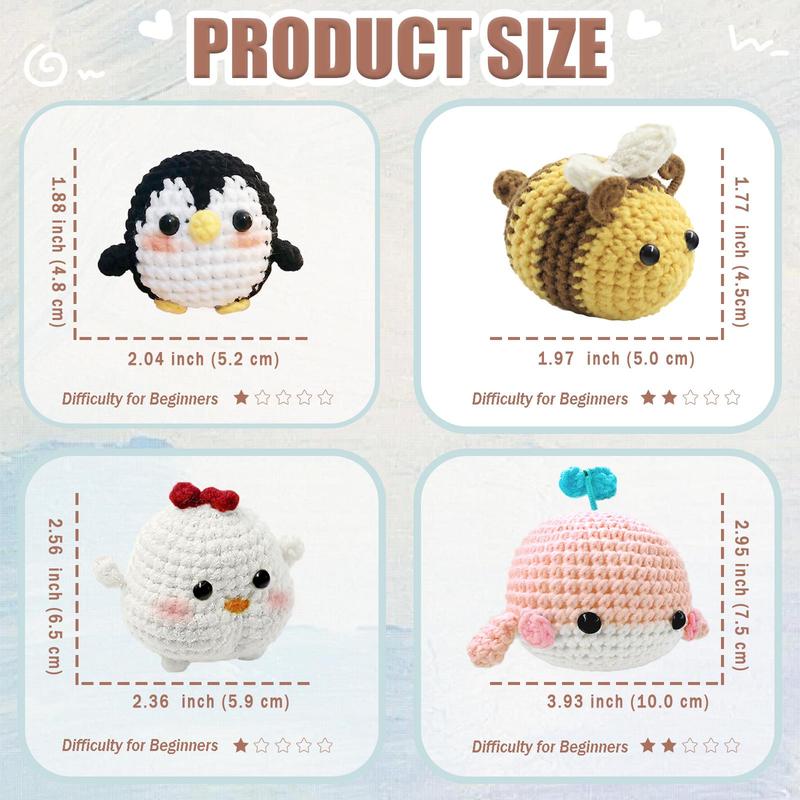 Cute Animal Design Crochet Kit, 4 Counts set Crochet Set with Step-by-step Video Tutorials, DIY Knitting Supplies for Beginners