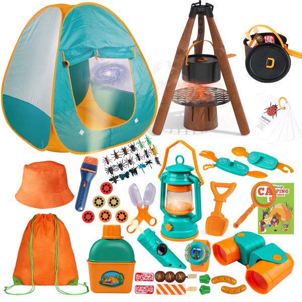 Qtioucp Kids Camping Set 50pcs with Tent & Space Projector Flashlight- Outdoor Campfire Toy Set for Toddlers Kids - Pretend Play Camp Gear Tools for Birthday Christmas for Kids