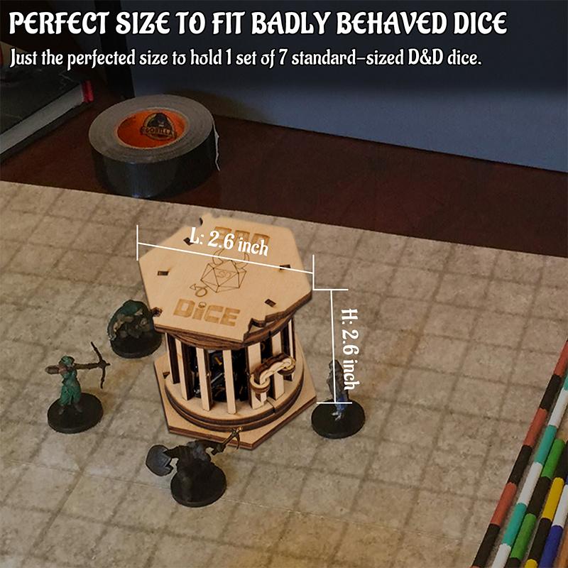 DND Dice Jail Prison with Polyhedral Dice Set Wood Cage for Your Bad Dice