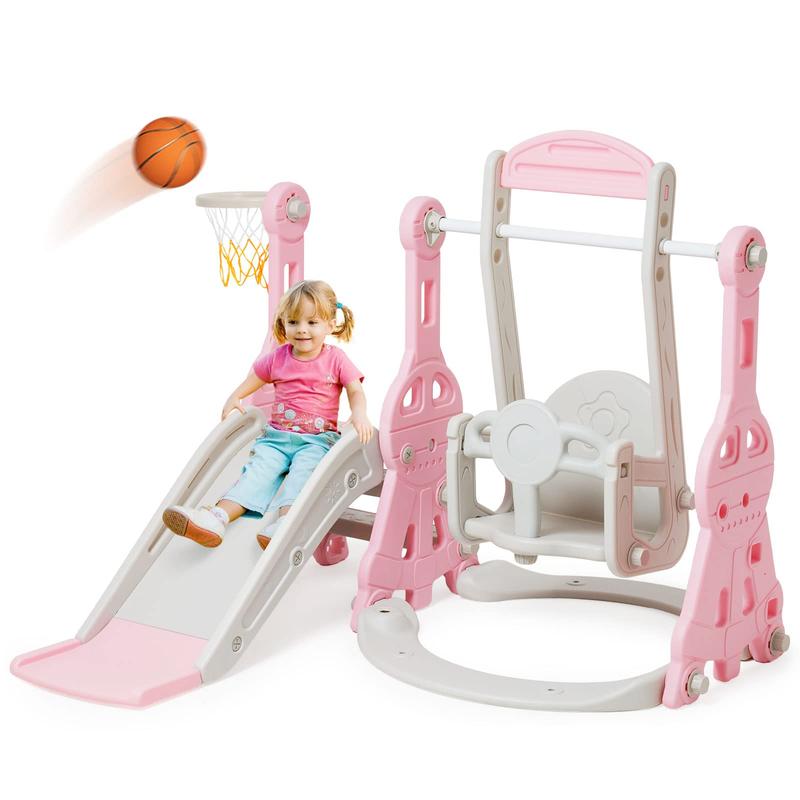 Four-in-One Slide and Swing Combination: A playground equipment with a swing, slide, climbing frame, and basketball hoop for boys and girls, indoor and outdoor backyard toys for New Year's gift to friends and family (pink)