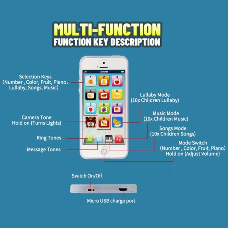 Cooplay Child's Interactive My First Own Cell Phone Toy- Play to Learn, Touch Screen YPhone with 8 Functions and Dazzling LED Lights Toddler