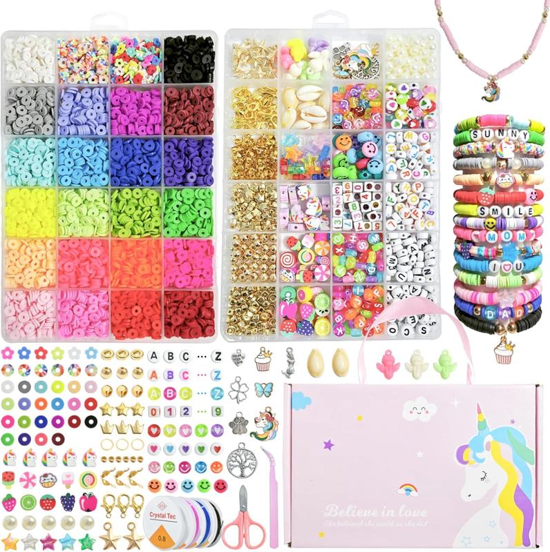 6000 count Clay Beads for Bracelet Making Kit,Preppy Friendship Flat Polymer Heishi Beads  Set with Various Accessories Charms and Elastic Strings,Crafts Gifts.