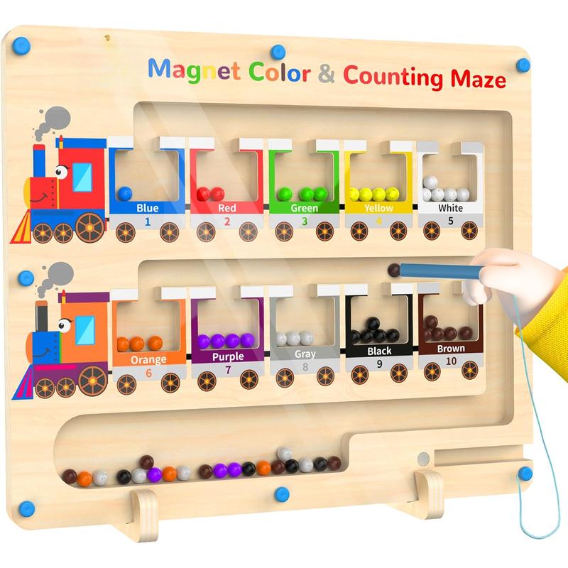 Magnetic color and number maze, Montessori toy wooden magnet board, preschool educational toys must have for kids, Montessori fine motor skills toys for boys and girls (trains)