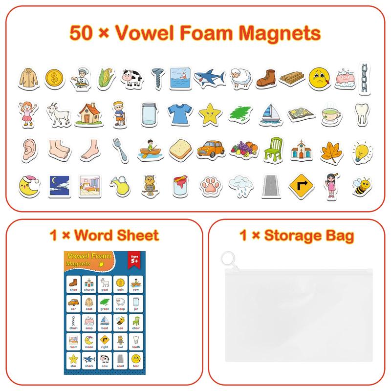 Vowel Word Games,Phonics Games,50 Magnetic Objects, Fridge Magnets,Learn to Read Spelling Reading Learning,Educational,Learning Magnetic Toys for Whiteboard