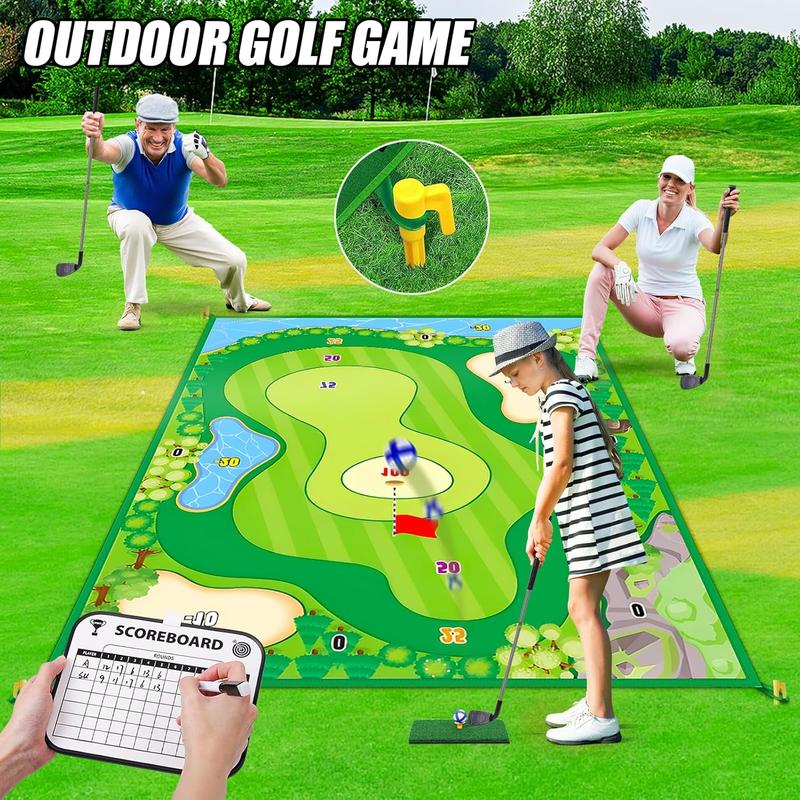 Golf Chipping & Dart Game Mat Set with Two Clubs, 6Ft x 4Ft Double-Sided Training Mat featuring 20 Sticky Balls and 10 Darts, Indoor Outdoor Game for Adults and Kids.