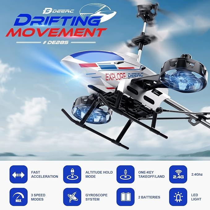 DEERC Remote Control Helicopter, 4.5CH Lateral Drift RC Helicopters W Light, 22 Min Play, Altitude Hold, Gyroscope, 2.4GHz Toy for Beginner rc power