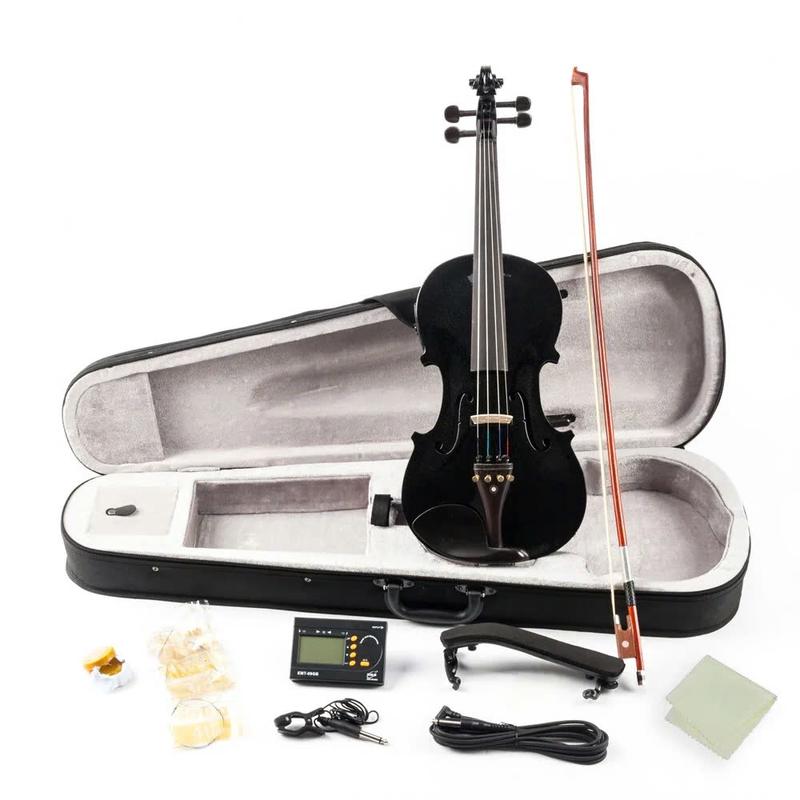 4 4 Full Size Solid Wood Violin with Case, Shoulder Rest, Electronic Tuner, Extra Strings, Bow, Connecting Wire and More Accessories, Black - SUNSET INSTRUMENTS