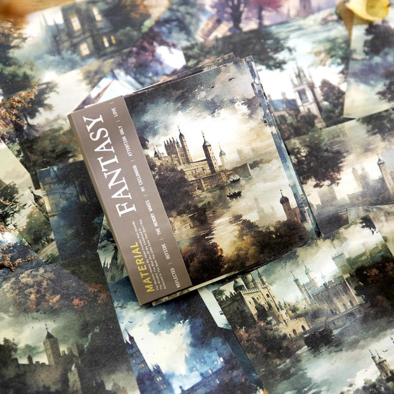 Vintage Landscape Pattern Material Paper, 160 Sheets bag Exquisite Castle Natural Style Making Paper, DIY Decorative Paper for Scrapbooking & Journal Making