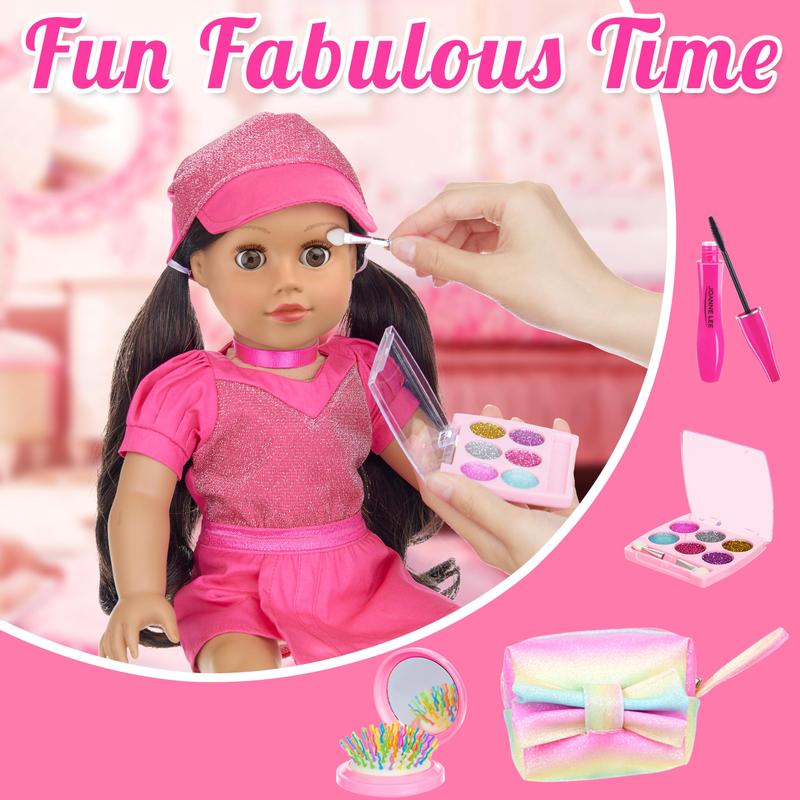 18 Inch Doll Clothes and Accessories Makeup Sets, Fashionable Dress for 18 Inch Girl Dolls, Cosmetic Bag Including Eye Shadow, Mascara, Comb, Shoes, Hat (Doll No Included)