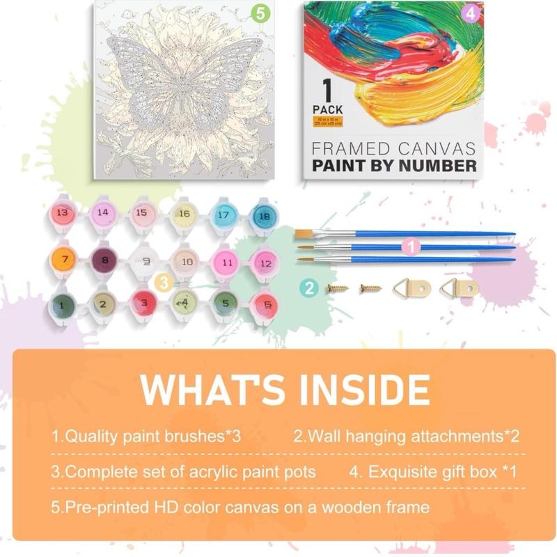 Framed Paint by Numbers Kit for Adults Beginners & Kids Ages 8-12, Butterfly Sunflower Acrylic Easy Paint by Number with Frame, Paint by Number Kits on Canvas Framed (10 * 10 Inch, without Easel)