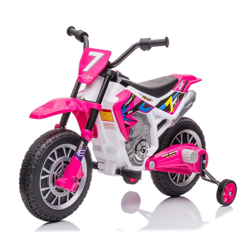 12V 7AH Kids Ride On Motorcycle, Rechargeable Battery Powered Electric Dirt Bike, Off-Road Street Bike with Training Wheels, Spring Suspension, High Low Speeds, Built-in Music, Rose Pink