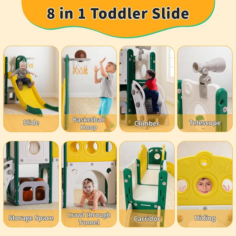 Halloween Gift 8 in 1 Toddler Slide, Toddler Slide for Age 1-3, Baby Slide for Indoor Outdoor with Basketball Hoop and Telescope, Toddler Playset Toddler Playground (Green) Toddler Indoor