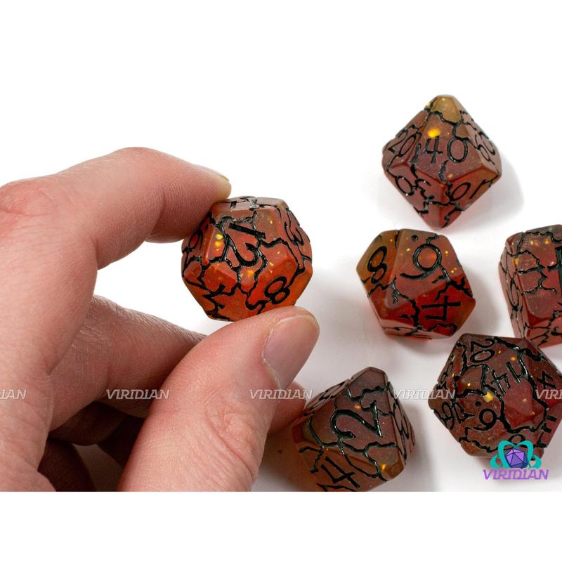 Magma Strike | Semi-Translucent Orange, Foil, Black Lightning Crack Design | Resin Dice Set (7)