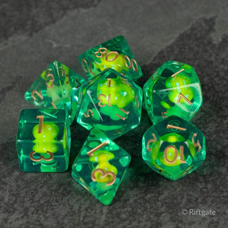 Yellow + Green Mushroom Inclusion DnD Dice Set - Dice for Dungeons and Dragons, D&D Dice, RPG Dice