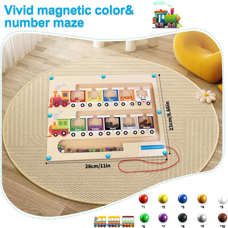 Magnetic color and number maze, Montessori toy wooden magnet board, preschool educational toys must have for kids, Montessori fine motor skills toys for boys and girls (trains)