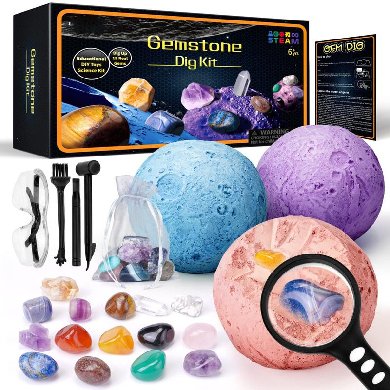 Gemstones Dig Kit, Solar System Science Kit for Kids, Excavate 15 Real Gems, STEM Educational Space Toys Planet Collection Kit, Archaeology Geology Science Projects Gift for Boys&Girls Age 6+