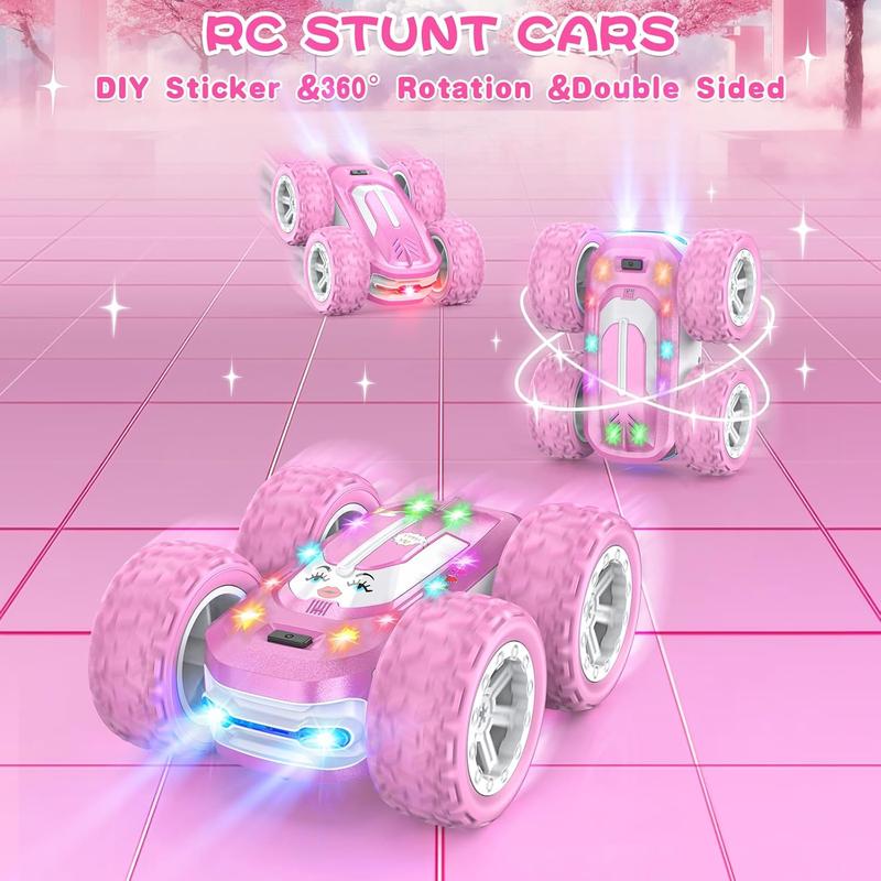 Pink Remote Control Car for Girls, RC Cars for Kids with DIY Sticker & Colorful Lights, 2.4Ghz Double Sided 360 Flips 4WD Stunt Car, Rechargeable Toy Cars for Girl Ages 4-6 5-7 6-8 8-12 Birthday Gift