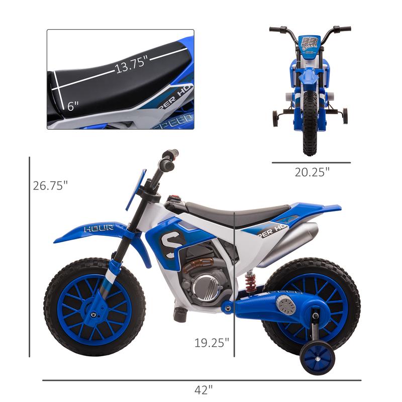 Aosom 12V Kids Motorcycle, Electric Motor Bike, Battery-Powered Ride-On Toy with Charging Battery, Training Wheels, Blue