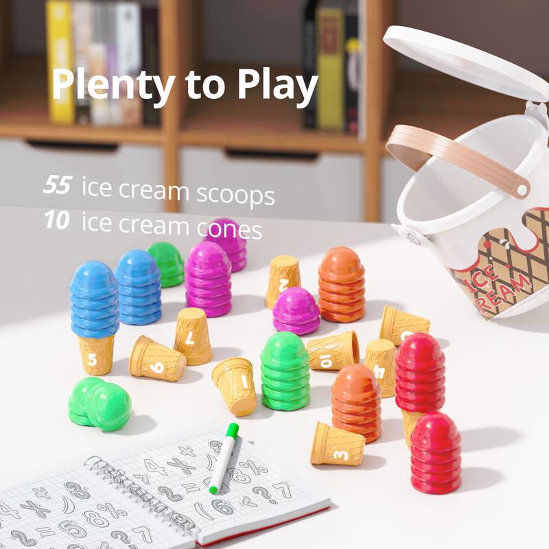 JoyCat Ice Cream Preschool Learning Activities Counting and Color Sorting Set Stacking Toys, Montessori Stacking Fine Motor Skills Toys