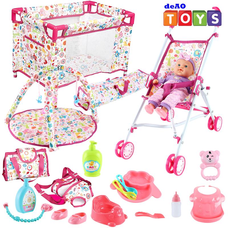 deAO Doll Stroller Nursery Role Play Set with a Variety of Feeding Toy and Play Mat Travel Cot Carrier Stroller and Travel Bag