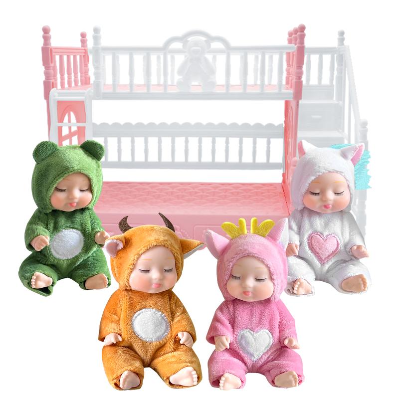 4 Pcs Mini Baby Dolls with Bunk Bed, Dollhouse Bedroom Furniture Set, Little Mini Reborn Babies, Cute Doll for Girls Kids, Birthday Baby Shower Party Gifts, Bull Reindeer Pink Green White Cutie reborn baby christmas  miniatures doll