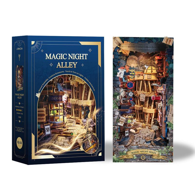 Magic Night Alley Design Book Nook, 1 Set DIY Wooden Making Decorative Alley Book Nook with Touch-on Light Effect, DIY Wooden Making Kit, Wooden DIY Package, Creative Birthday and Holiday Gift Options, Stocking Fillers