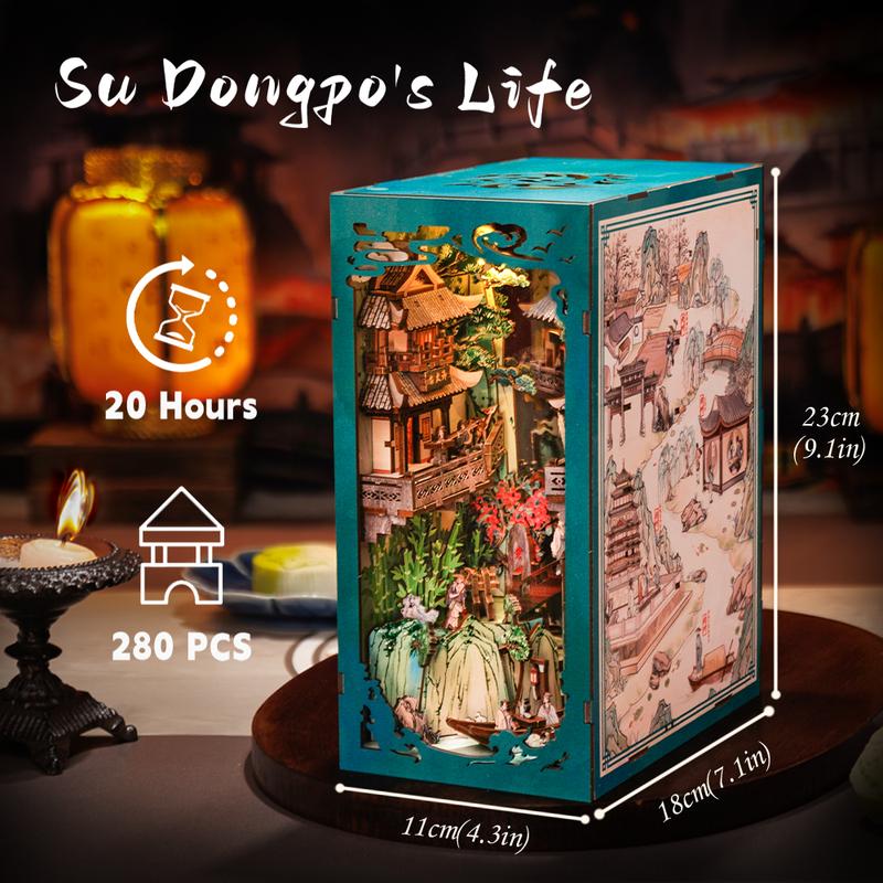 CUTEBEE DIY Book Nook Kit for Adults, DIY Wooden Miniature House Dollhouse Kit Ancient Chinese Landscapes Bookshelf Insert Decor Booknook Model Build Gift Kit with LED Light (Su Dongpo's Life)