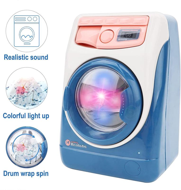 deAO Washing Machine Toy Dollhouse Furniture Pretend Play Household Appliance Realistic Sounds with Lights Laundry Play Set with Rotatable Roller for Birthday Present