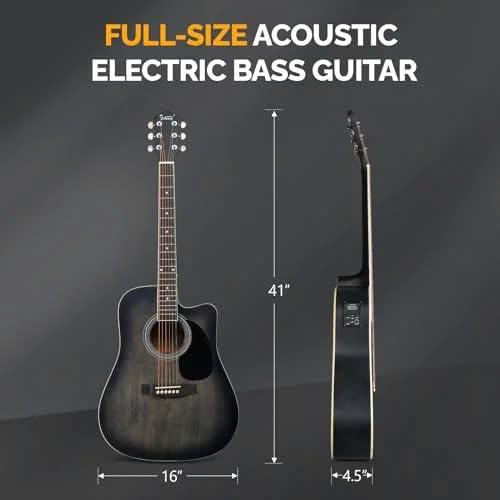 Full Size 6 Strings Acoustic Electric Guitar Beginner Kit, Cutaway 41 Inch Electric Acoustic Guitar w Inbuilt Tuner, Bag, Strap, Picks, Strings, Basswood Guitarra, Matte Distressed Black - SUNSET INSTRUMENTS