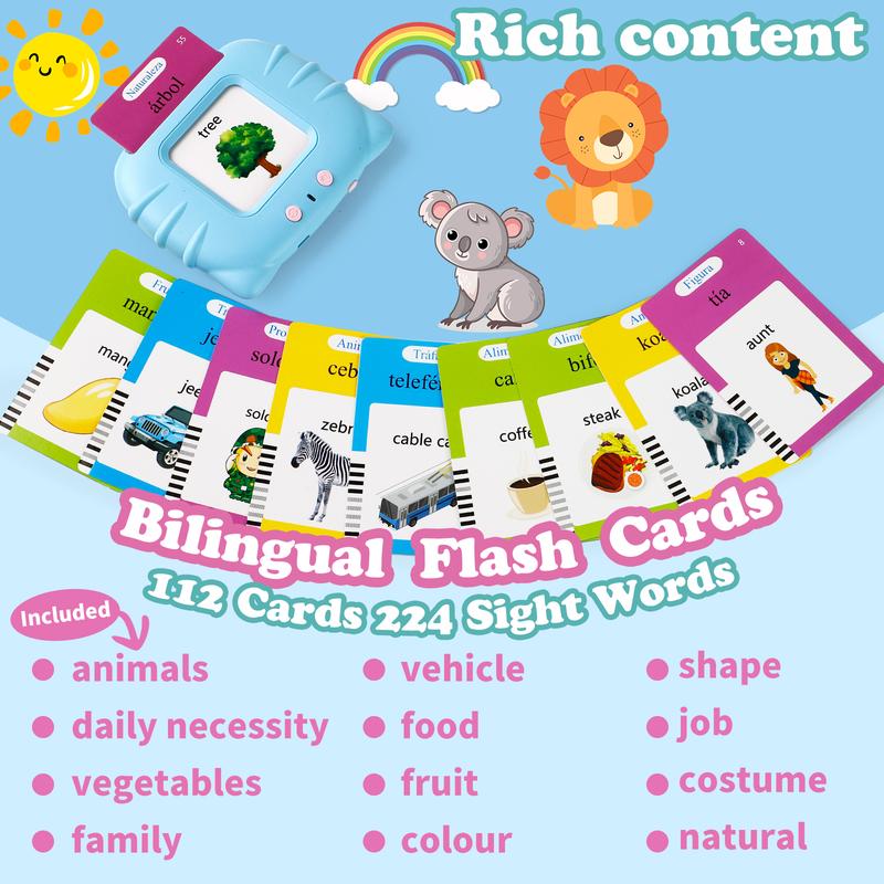 [2025 New] Bilingual Talking Flash Cards Toy for Kids with 224 Sight Words - English & Spanish Educational Language Learning Toy