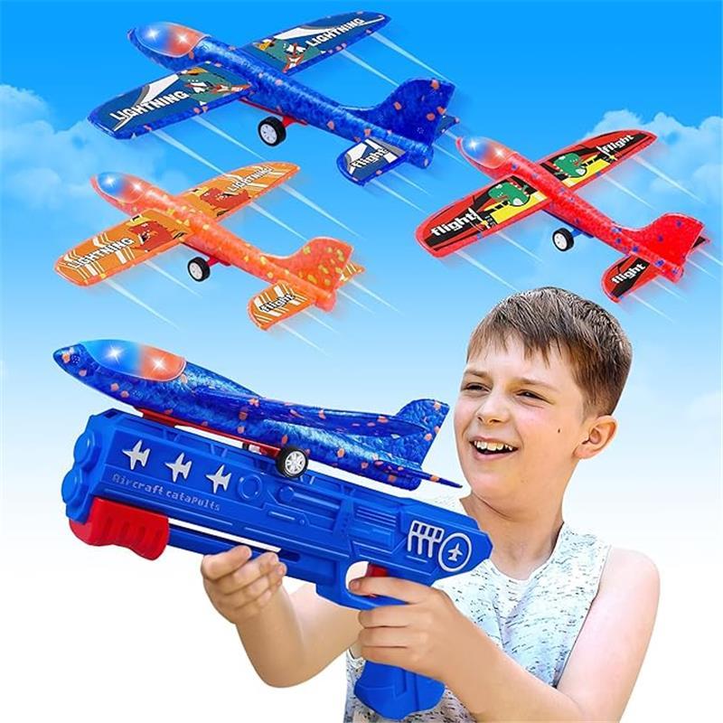 3-Pack Airplane Launcher Toys with 2 Flight Modes, LED Foam Glider Catapult Planes, Outdoor Flying Toy for Kids 6+, Birthday Gifts & Party Supplies