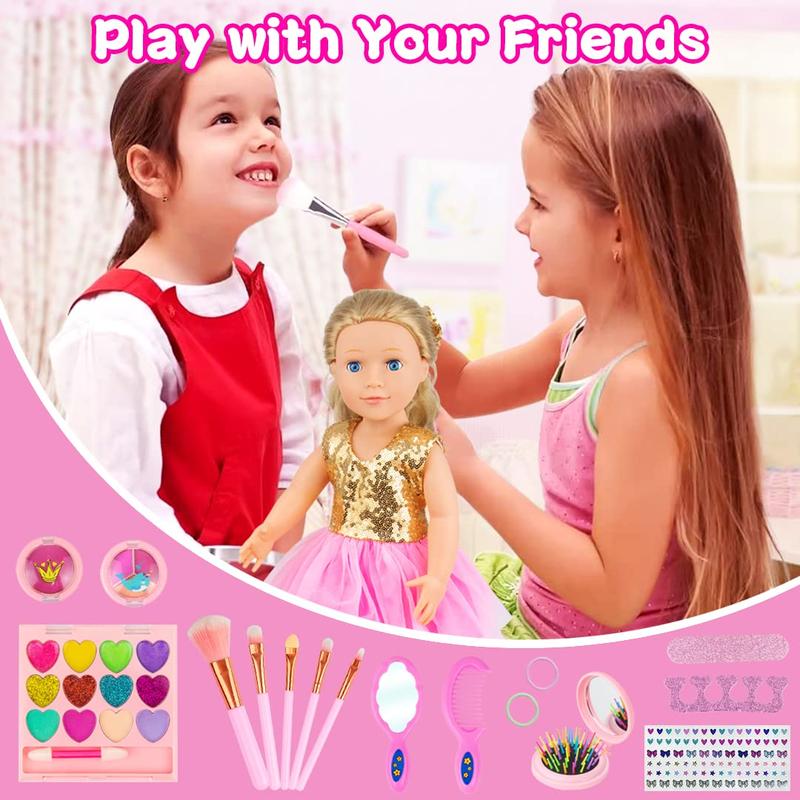 19 Pcs American 18 Inch Doll Clothes and Accessories Make Up Sets includes Doll Dress Cosmetic Bag and Makeup Stuff for 18 Inch Doll Gneration Dolls（No Doll）