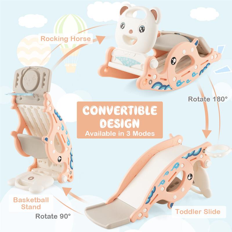 Laicejoy 4-in-1 Kids Slide Rocking Toy Slide Rocking Horse w Basketball Hoop Rings ，Freestanding Baby Slide Toys, Pink