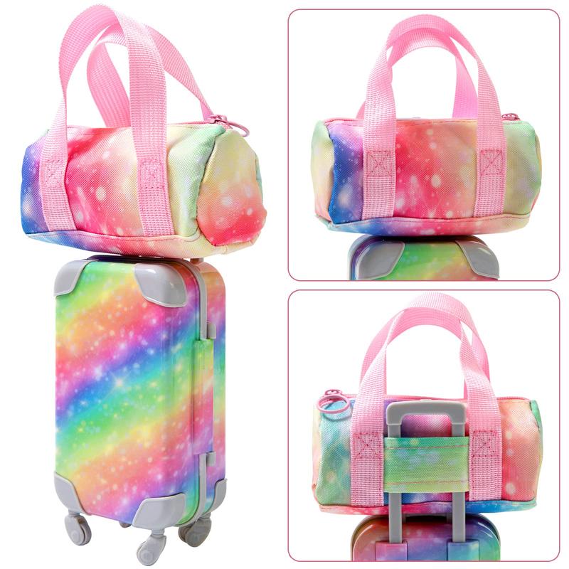 23 United States 18 Inch Doll Accessories Suitcase Luggage Travel Set - Rainbow Suitcase Rainbow Bag Camera Computer Phone Neck Pillow Eye Mask Glasses (No Doll)