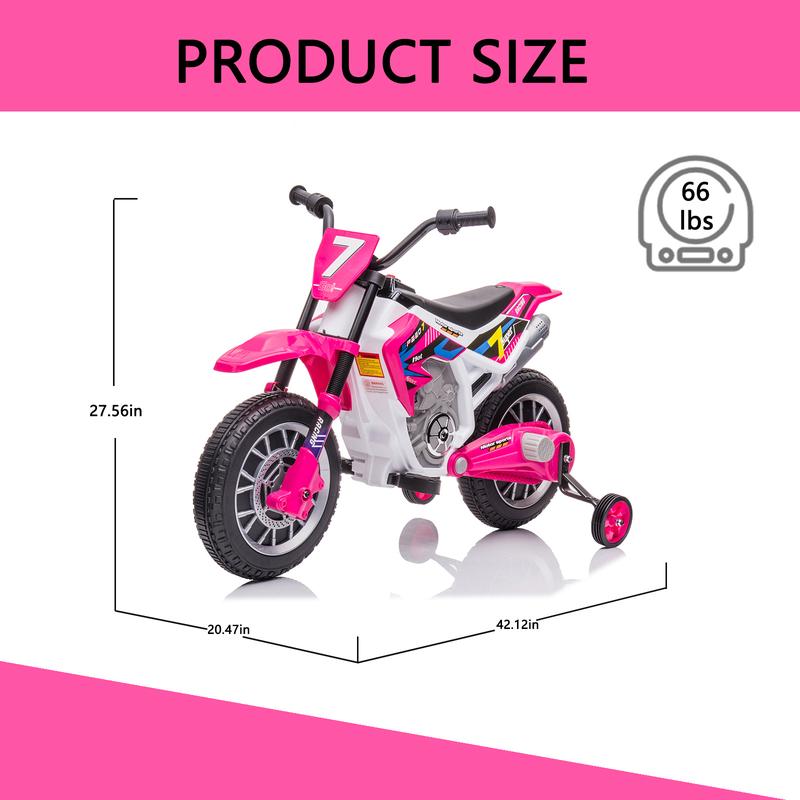 12V 7AH Kids Ride On Motorcycle, Rechargeable Battery Powered Electric Dirt Bike, Off-Road Street Bike with Training Wheels, Spring Suspension, High Low Speeds, Built-in Music, Rose Pink